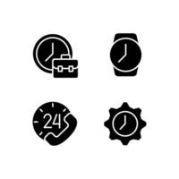 Keep track of hours black glyph icons set on white space. Working hours. Wrist watch. Round-the-clock support. Time management. Silhouette symbols. Solid pictogram pack. Vector isolated illustration