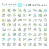 Marketing segmentation RGB color icons set. Promotional strategy. Target audience. Isolated vector illustrations. Simple filled line drawings collection. Editable stroke used