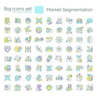 Marketing segmentation RGB color icons set. Promotional strategy. Target audience. Isolated vector illustrations. Simple filled line drawings collection. Editable stroke used