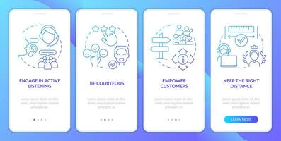 Call center customer service work blue gradient onboarding mobile app screen. Walkthrough 4 steps graphic instructions with linear concepts. UI, UX, GUI template vector