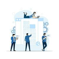 Concept of file sharing, data transfer, documentation transfer, cloud services, file management, electronic document management. People send files for business. Vector illustration in flat design.