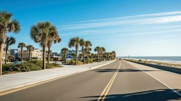 Empty asphalt road beside the sea background, highway beside the sea, outdoors horizontal image, Generative AI illustration photo