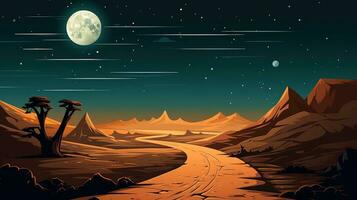 Desierto paisaje con arena camino, un largo Derecho suciedad la carretera desaparece dentro el distante, dibujos animados estilo, generativo ai ilustración foto