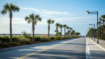 Empty asphalt road beside the sea background, highway beside the sea, outdoors horizontal image, Generative AI illustration photo