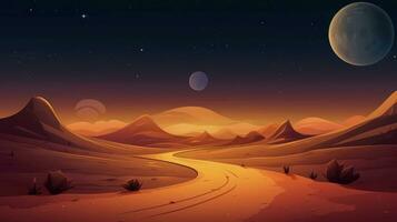 Desierto paisaje con arena camino, un largo Derecho suciedad la carretera desaparece dentro el distante, dibujos animados estilo, generativo ai ilustración foto