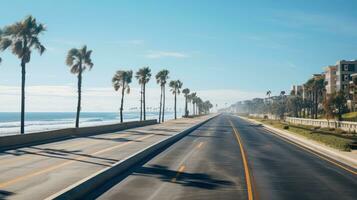 Empty asphalt road beside the sea background, highway beside the sea, outdoors horizontal image, Generative AI illustration photo