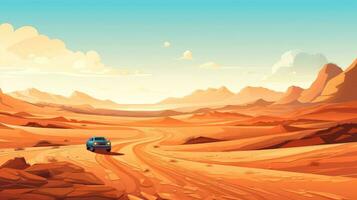 Desierto paisaje con arena camino, un largo Derecho suciedad la carretera desaparece dentro el distante, dibujos animados estilo, generativo ai ilustración foto