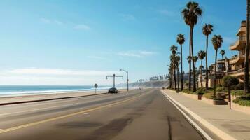 Empty asphalt road beside the sea background, highway beside the sea, outdoors horizontal image, Generative AI illustration photo