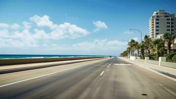 Empty asphalt road beside the sea background, highway beside the sea, outdoors horizontal image, Generative AI illustration photo