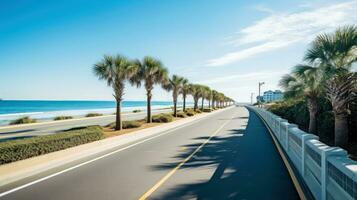 Empty asphalt road beside the sea background, highway beside the sea, outdoors horizontal image, Generative AI illustration photo