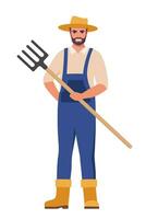 Farmer holding pitchfork in hand. Farmer standing with spade. Farming work, gardening. Agricultural worker with garden tool. Gardener, agronomist. Vector illustration.