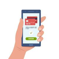 Money transaction online concept. Mobile payments using smartphone. Hand holding a mobile phone and credit card transfer on screen. Trendy flat style. Vector illustration.