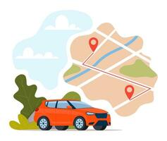 Red car and points location on a city map. Car sharing concept. Vector illustration.