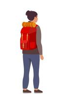 Young woman hiking tourist with a backpack. The concept of outdoor activities. Trekking, backpacking. Vector illustration.