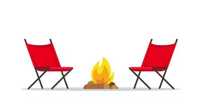 Campfire and camping chairs. Summer portable outdoor furniture for traveling. Climbing, hiking, trakking sport, adventure tourism, travel, backpacking. Vector illustration.