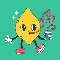 Hand draw Funny Retro vintage trendy style lemon cartoon character Contemporary illustration. Doodle Comic collection. Vector illustration