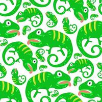 Seamless pattern in the form of cute chameleons. Funny hand-drawn animals. Creative children's background in Scandinavian style. Vector illustration of a forest. Chameleon on white