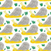 Seamless pattern in the form of cute snails. Funny hand-drawn animals. Creative children's background in Scandinavian style. Vector illustration. Snail on white