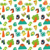 Tropical pattern with cartoon elements and dino numbers. Children's bright leaves, trees, palm trees, volcanoes and numbers in bright color. Seamless baby texture for printing on textiles and paper vector