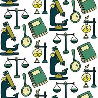 Seamless pattern with badges in the field of natural sciences chemistry, biology, physics, laboratories demonstrating various experiments, glassware, Notepad, Magnifier, microscope, scales vector