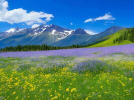 flores silvestres en un prado con montañas en el antecedentes ai generado foto