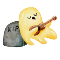 Cute little ghost playing guitar and Leaning the tombstone png