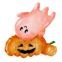 Cute red ghost floating above the pumpkin png