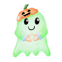 Cute halloween green ghost wearing pumpkin and gloves png