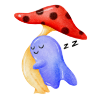 Cute little sleeping ghost hugging a mushroom umbrella png