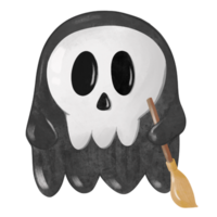 Cute skull face ghost holding a broom png