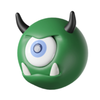 3D demon angry green color, isolated on transparent background. one-eyed horned devil halloween png