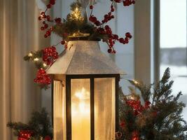 a lantern and a christmas tree with red and green decorations ai generated photo