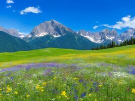 the meadow of flowers and mountains ai generated photo