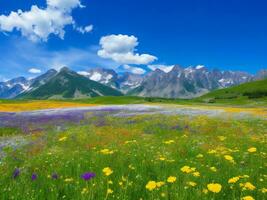 the meadow of flowers and mountains ai generated photo