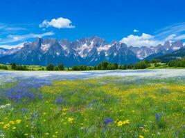 the meadow of flowers and mountains ai generated photo