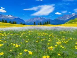 el prado de flores y montañas ai generado foto