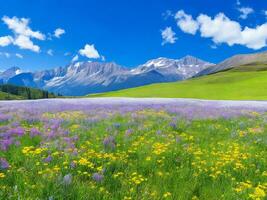 flores silvestres en un prado con montañas en el antecedentes ai generado foto