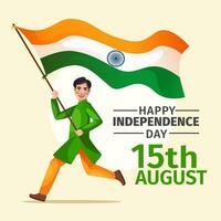 Banner design of Happy Independence Day template, Indian Boy running and waving the National Flag of India. vector
