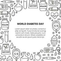 Poster with doodle outline diabetes items. vector