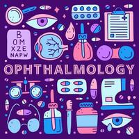 Poster with lettering and doodle ophthalmology icons. vector