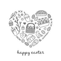 Doodle easter items in heart shape. vector