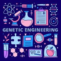 Poster with lettering and doodle genetic engineering icons. vector