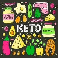 Poster with doodle colorful ketogenic foods. vector