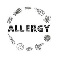 Doodle outline allergy icons in circle. vector