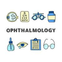 Poster with lettering and doodle colored ophthalmology icons. vector