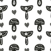 Scandinavian seamless pattern with doodle mushrooms and hearts. vector