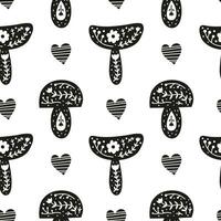 Scandinavian seamless pattern with doodle mushrooms and hearts. vector