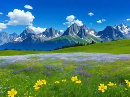 the meadow of flowers and mountains ai generated photo