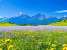 wildflowers in a meadow with mountains in the background ai generated photo