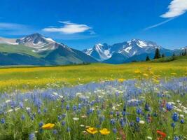 the meadow of flowers and mountains ai generated photo